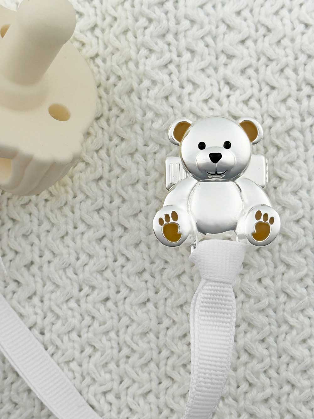 Teddy Bear Silver Pacifier Clip